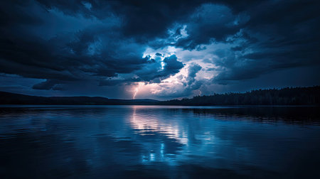 A lake under a stormy night sky, heavy clouds swirling and the water reflecting the distant lightning, creating an eerie, intense vibe.の素材
