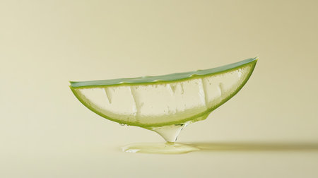 A single fresh aloe vera slice with clear gel dripping, representing natural skincare ingredients in a clean, minimal style.の素材