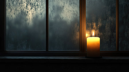 Candle burning on a windowsill with a dark background, soft flame casting a warm light onto the glass.の素材