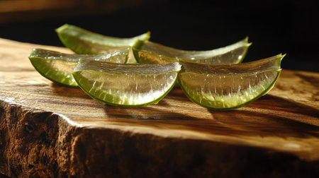 Fresh aloe vera slices on a wooden board, with clear gel visibly oozing, emphasizing its natural hydration properties.の素材