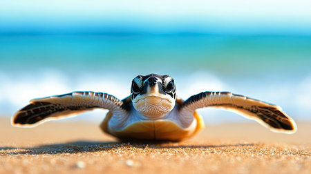 Close-up of baby sea turtle's face and flippers, moving determinedly across a sandy beach with the ocean ahead.の素材