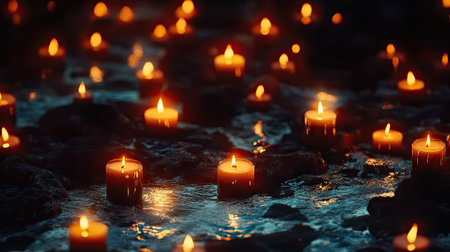 Cluster of candles in the dark, each flame glowing softly, creating a serene and cozy atmosphere with warm reflections.の素材