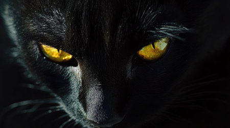 Close-up of a black cat's intense, glowing yellow eyes, barely visible in the shadows on a completely black background. Perfect for Halloween themes.の素材