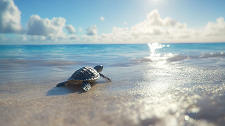 Baby sea turtle making its way across sunlit beach sand, with blue skies and calm water on the horizon.の素材
