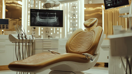 Close-up of advanced dental tools next to a luxury dental chair, highlighting quality materials and modern design.の素材
