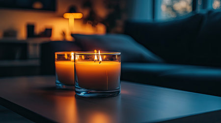 Candles in glass jars burning in the dark, their soft light creating a cozy and inviting atmosphere.の素材