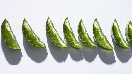 Fresh aloe vera slices arranged in a row, each with visible gel, representing hydration and natural beauty benefits.の素材