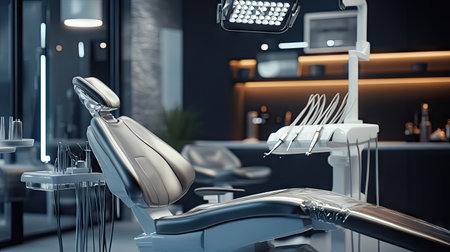 Close-up of advanced dental tools next to a luxury dental chair, highlighting quality materials and modern design.の素材