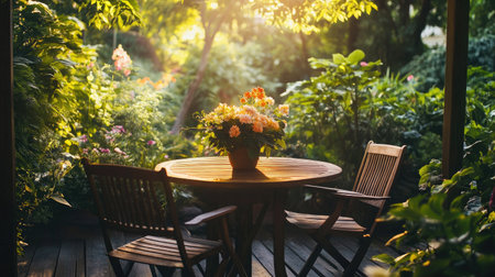 Elegant table and chairs on a garden deck, with fresh flowers as a centerpiece and lush green plants surrounding the space.の素材