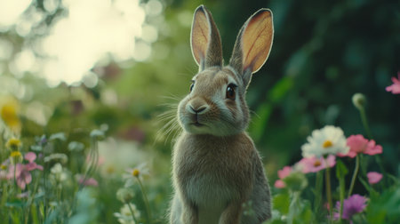 European rabbit with its ears up, fully alert and staring into the distance against a background of wildflowers.の素材
