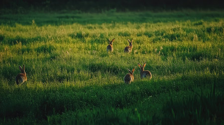 Group of European rabbits foraging together in an open field, each exploring a different part of the green meadow.の素材