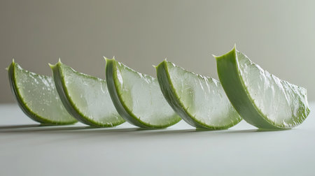 Fresh aloe vera slices arranged in a row, each with visible gel, representing hydration and natural beauty benefits.の素材