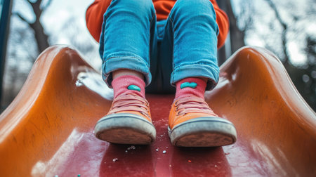 Child sitting on a playground slide with gum stuck to their pantsの素材