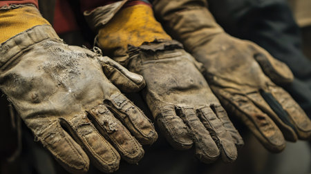 Close-up of gloves worn thin, with patches and holes revealing years of useの素材