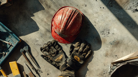 Dusty gloves resting on a hardhat, placed on a concrete floor surrounded by toolsの素材