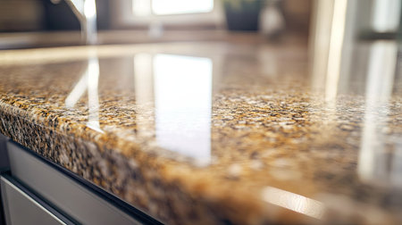 Close-up of silicone sealant neatly applied along a granite countertop seamの素材