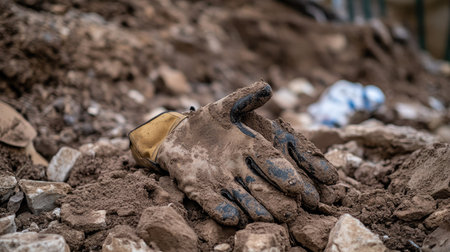 Muddy gloves left on the ground in a construction site, surrounded by rocks and debrisの素材