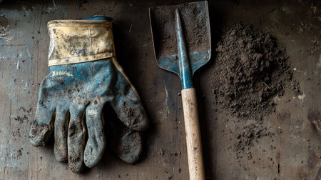 Dirty gloves placed next to a shovel, with fresh dirt visible on both, hinting at recent laborの素材