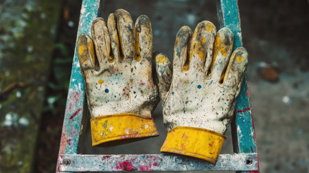 Gloves with dried paint splatters resting on a ladder, telling a story of hard workの素材