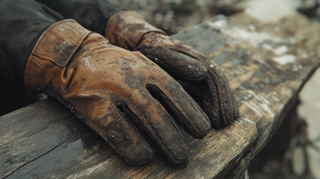 Close-up of gloves with grime embedded in every crease, resting on a weathered piece of woodの素材
