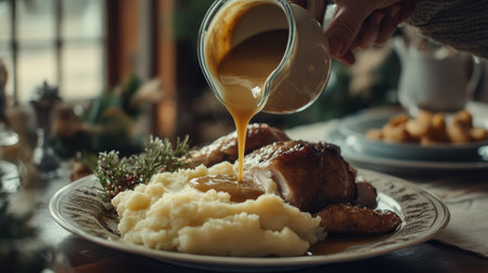 Creamy gravy being poured from a jug onto a plate of mashed potatoes and roasted turkeyの素材