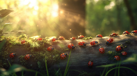 Multiple ladybugs scattered on a log in a sunlit forestの素材