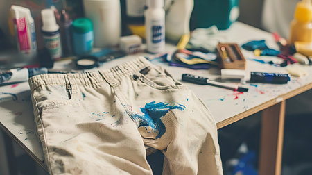 Gum-stained trousers lying on a table with cleaning supplies nearbyの素材
