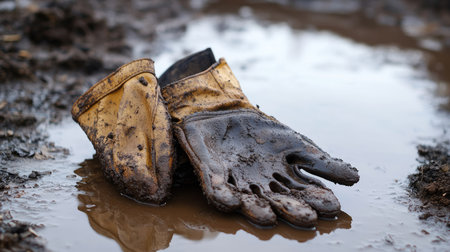 Gloves drenched in water and mud, abandoned on a rainy worksite, puddles reflecting the skyの素材