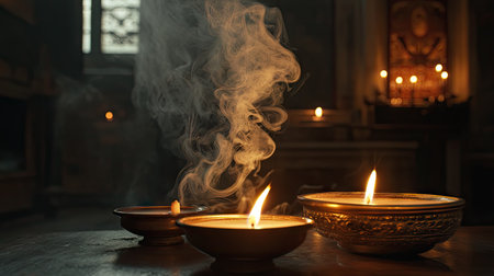 Incense smoke spiraling upwards, illuminated by flickering candlelight on a dimly lit tableの素材