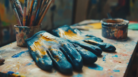 Work gloves streaked with paint, lying near an open can and a dripping brushの素材