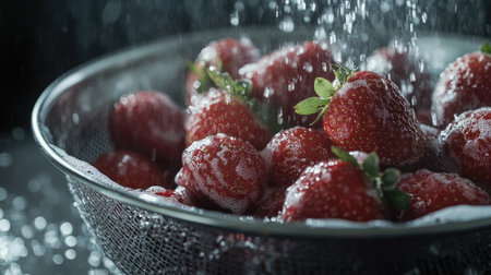 Fresh strawberries being washed in a colander under running water in preparation for jamの素材