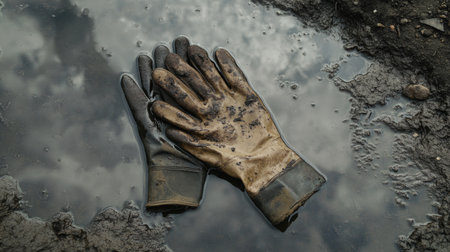 Gloves drenched in water and mud, abandoned on a rainy worksite, puddles reflecting the skyの素材