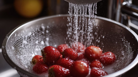 Fresh strawberries being washed in a colander under running water in preparation for jamの素材