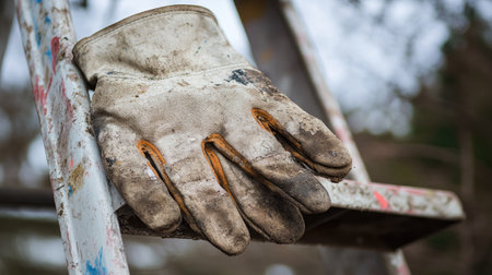 Gloves with dried paint splatters resting on a ladder, telling a story of hard workの素材