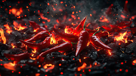 Red hot chili peppers scattered on a bed of glowing embers, creating a moody and intense visualの素材