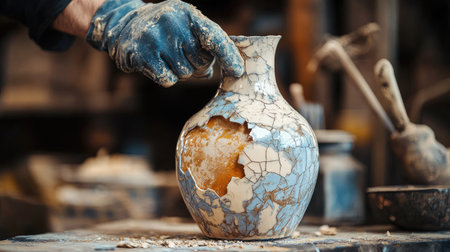 Silicone sealant being used to bond and seal a broken ceramic vaseの素材