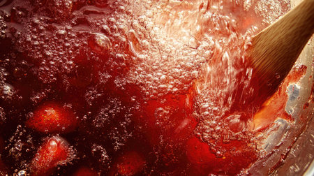 Close-up of bubbling strawberry jam in a stainless-steel pot, with a wooden spoon stirringの素材