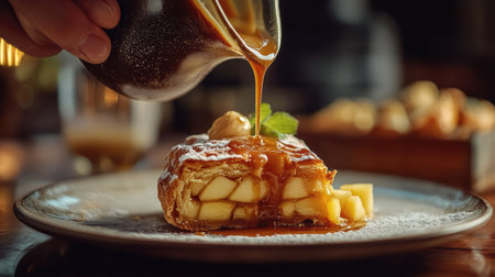 Golden caramel sauce drizzling from a small jug onto a warm apple pie sliceの素材