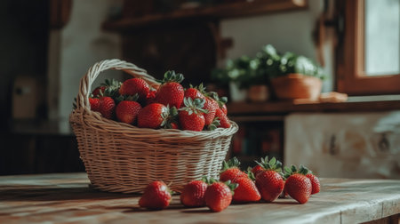 Fresh strawberries spilling out of a wicker basket, ready for jam preparation on a rustic kitchen tableの素材