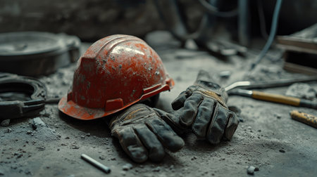 Dusty gloves resting on a hardhat, placed on a concrete floor surrounded by toolsの素材