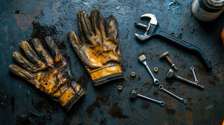Gloves smeared with motor oil, next to wrenches and bolts on a greasy garage floorの素材