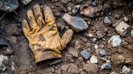 Muddy gloves left on the ground in a construction site, surrounded by rocks and debrisの素材