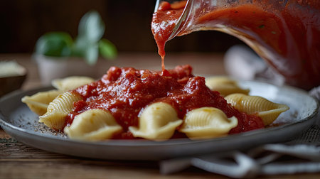 Rich red marinara sauce flowing from a jug onto a plate of stuffed pasta shellsの素材