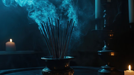 Multiple incense sticks in a holder, their smoke intertwining beautifully in candlelit darknessの素材