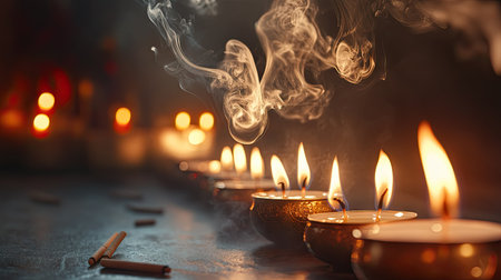 Smoke from incense sticks dancing in the air, illuminated by a row of candles on a serene backgroundの素材