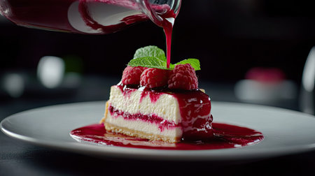 Sweet raspberry sauce being poured from a jug onto a slice of cheesecake with mint garnishの素材