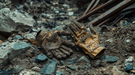 Muddy gloves left on the ground in a construction site, surrounded by rocks and debrisの素材