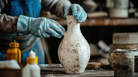 Silicone sealant being used to bond and seal a broken ceramic vaseの素材
