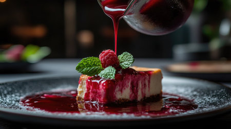 Sweet raspberry sauce being poured from a jug onto a slice of cheesecake with mint garnishの素材