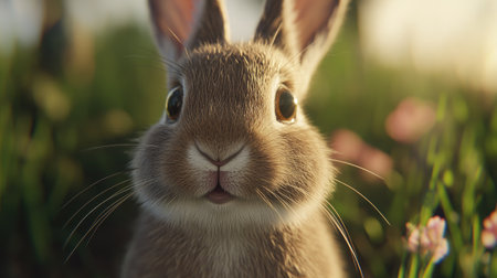 Close-up of a European rabbit's whiskers and nose, with soft natural details and a blurred meadow behind it.の素材